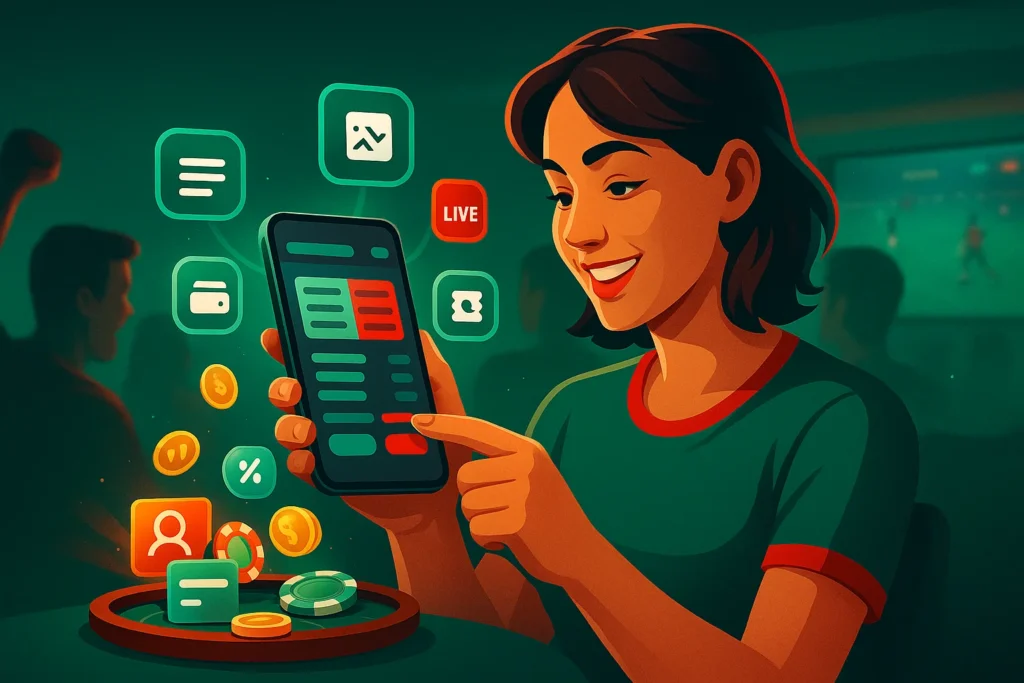 Usuario mexicano haciendo apuestas deportivas desde la app de Pin Up en su celular mientras ve un partido con amigos