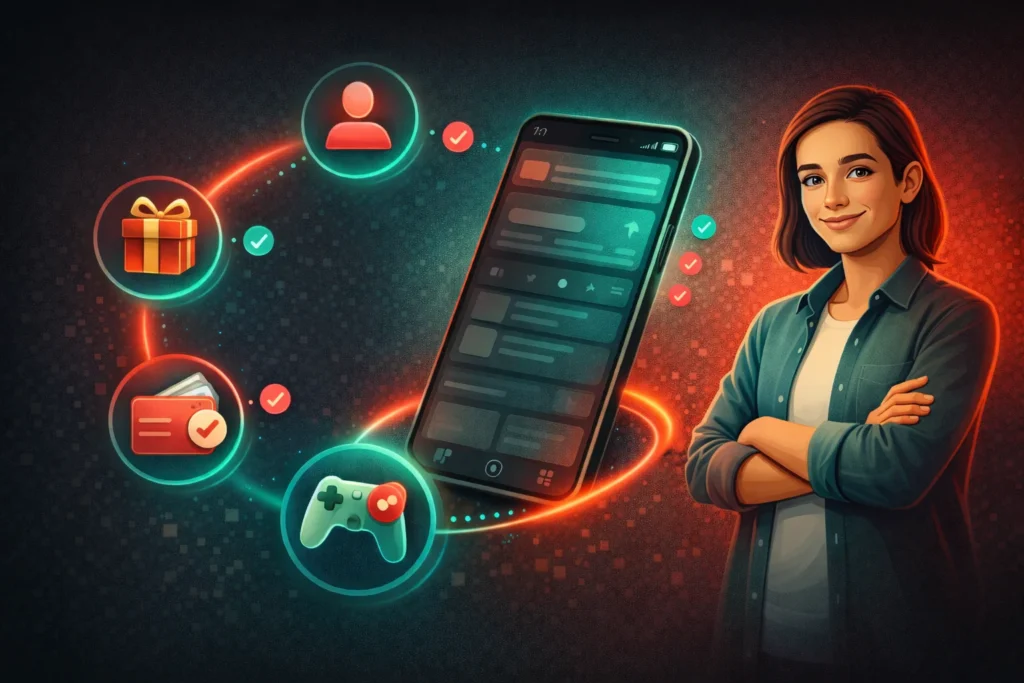 Banner móvil de casino y apuestas deportivas con smartphone e íconos de juegos y deportes en vivo