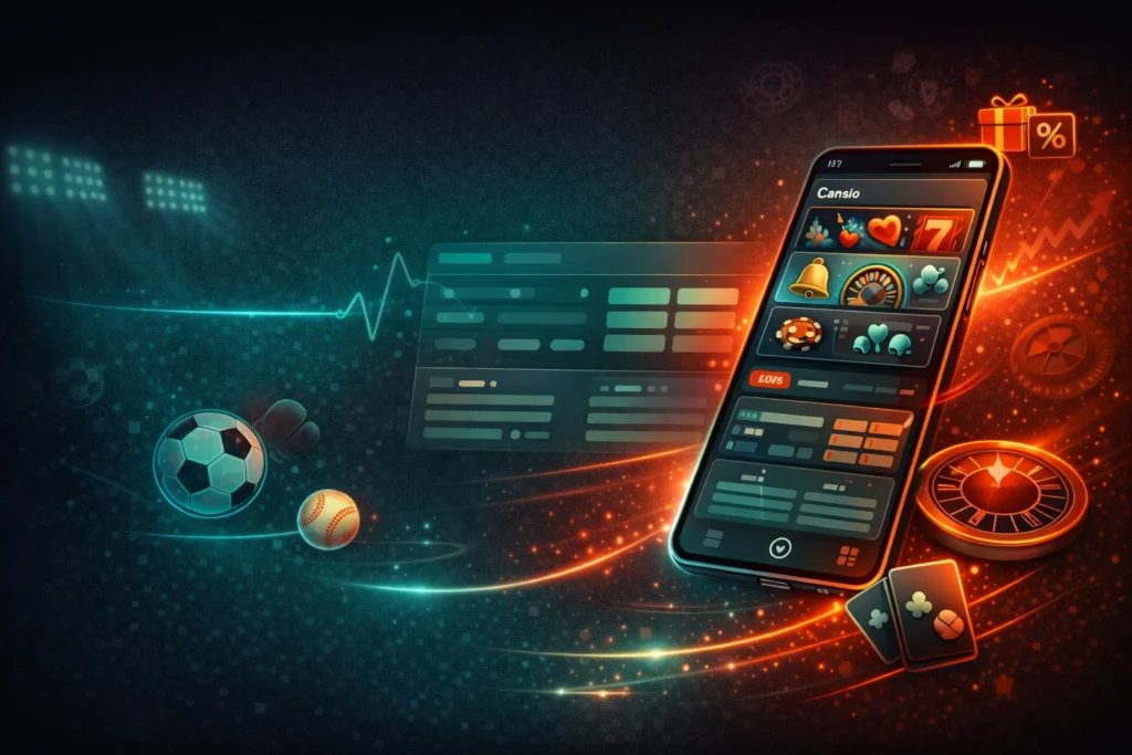 Fondo a pantalla completa de casino y apuestas móviles con smartphone y elementos deportivos distribuidos en toda la imagen