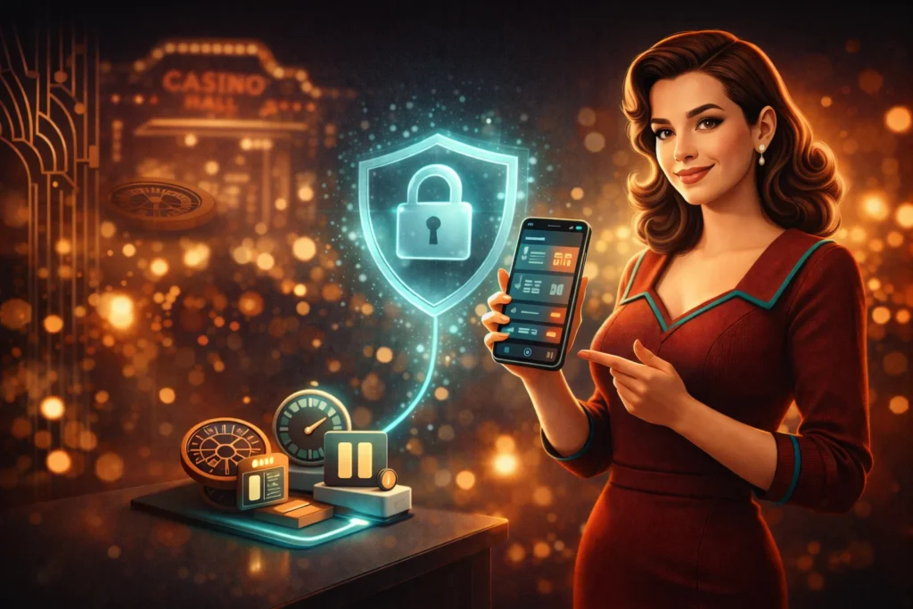 Banner estilo Pin-Up con ambiente de casino, smartphone protegido y herramientas de juego responsable en móvil
