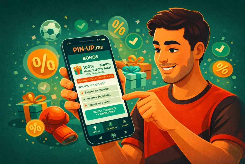 Jugador revisando condiciones de bonos y promociones en Pin Up México desde su celular