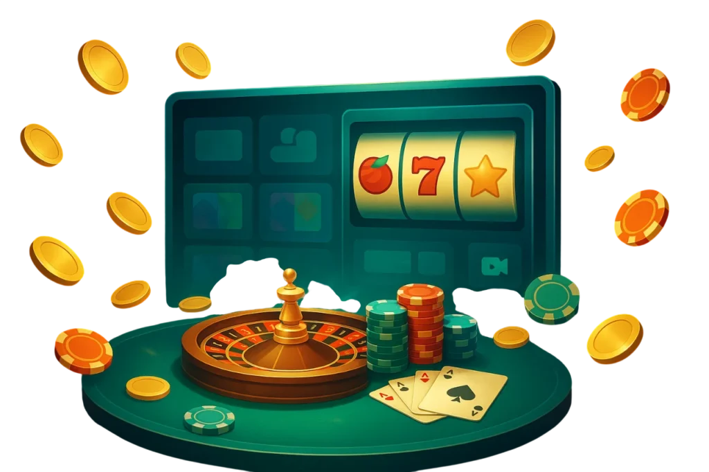 Vista general del casino online Pin Up México con ruleta, fichas y pantallas de juegos