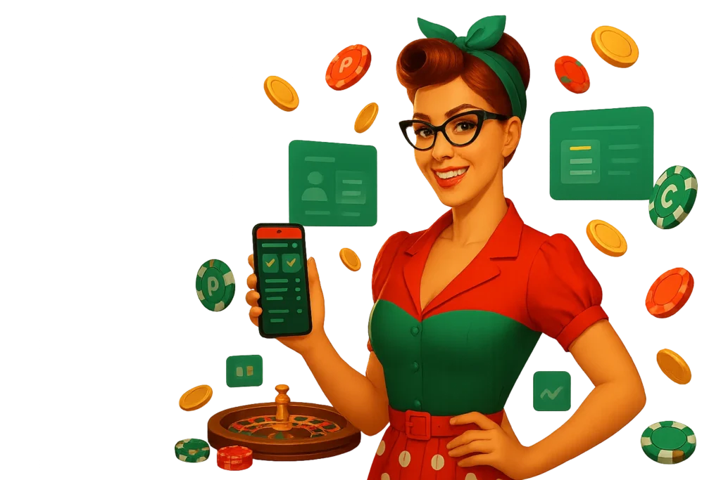 Ilustración de estilo pin-up con una jugadora mexicana usando Pin Up Casino México en su laptop y celular