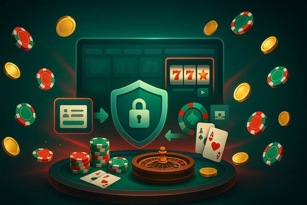 Escudo de seguridad rodeado de iconos de pagos y juego responsable en Pin Up México