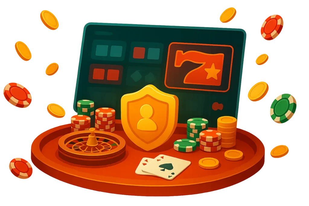 Mesa de casino con ruleta, fichas, cartas y pantallas que muestran juegos de casino online en Pin Up México
