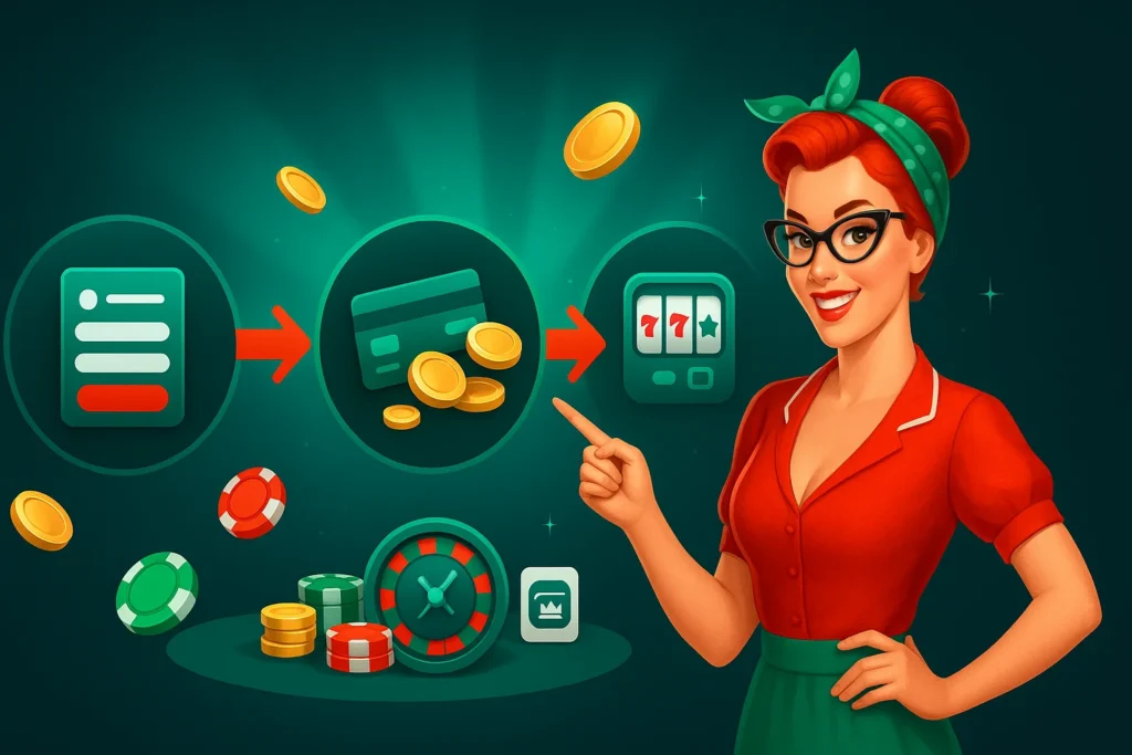 Diagrama ilustrado con los tres pasos para empezar en Pin Up México: registrarse, hacer un depósito y comenzar a jugar